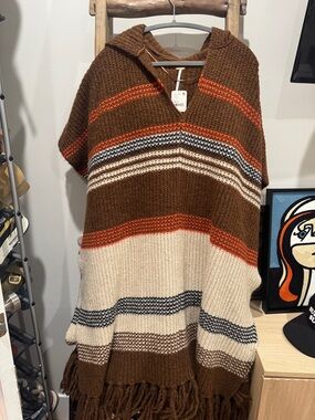 Free people Striped Hooded Knit Poncho in Brown and Cream